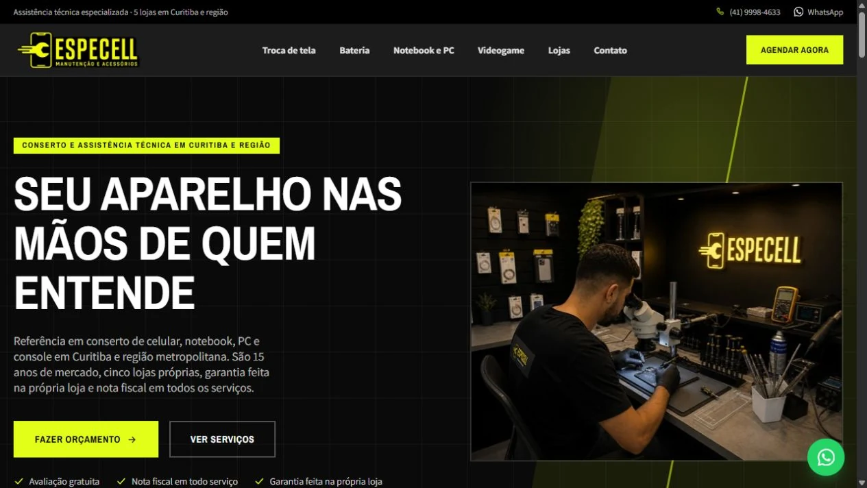 Prévia real do site Especell, com identidade preta e amarela e serviços de assistência técnica
