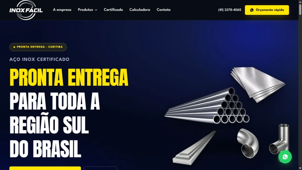 Prévia real do site Inox Fácil com produtos em aço inox e orçamento